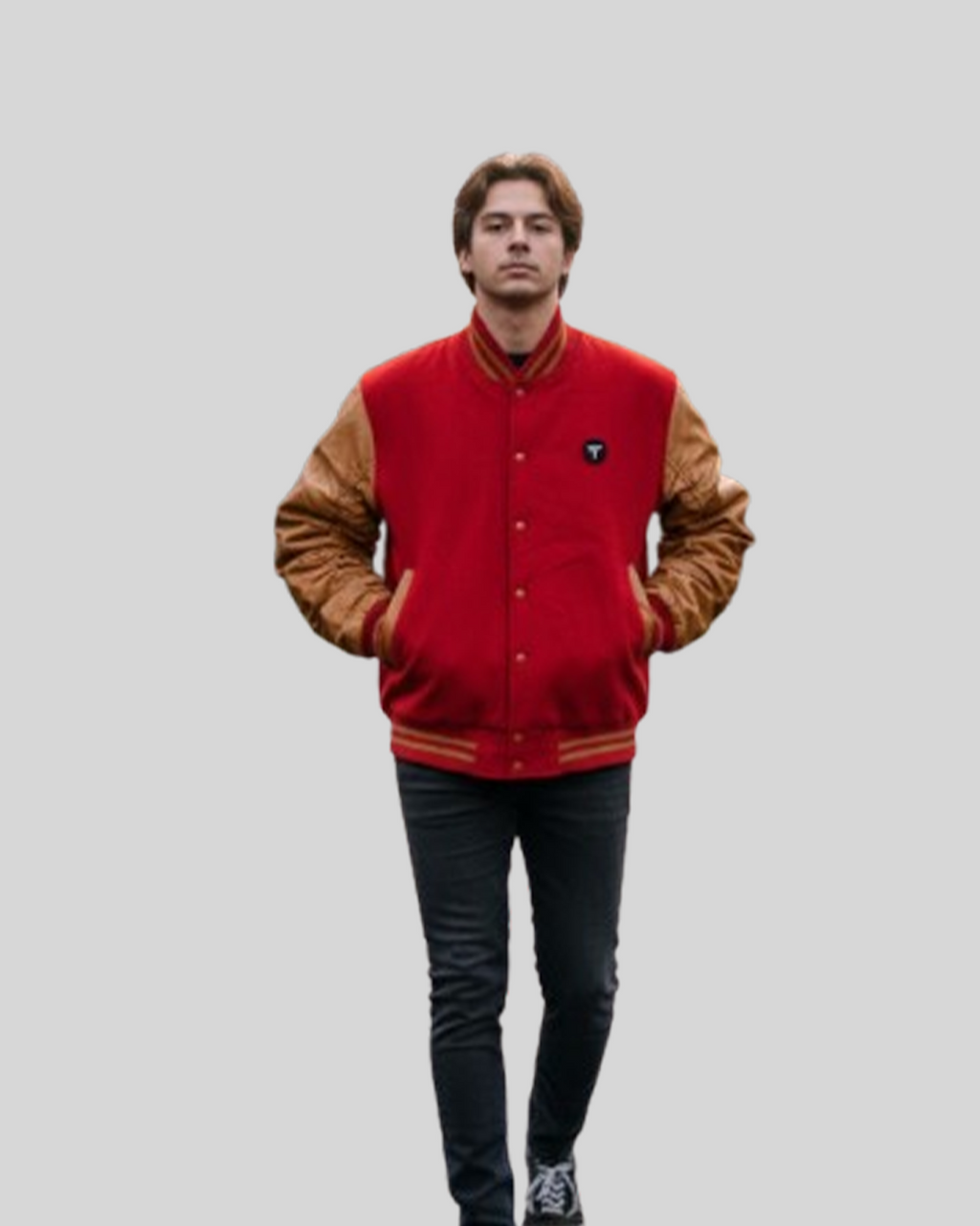 Red & Tan Vintage Varsity Jacket with Leather Sleeves