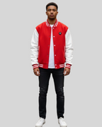 Red Varsity Jacket with Ruched White Leather Sleeves
