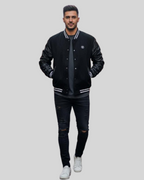 Black Varsity Jacket with Ruched Black Leather Look Sleeves