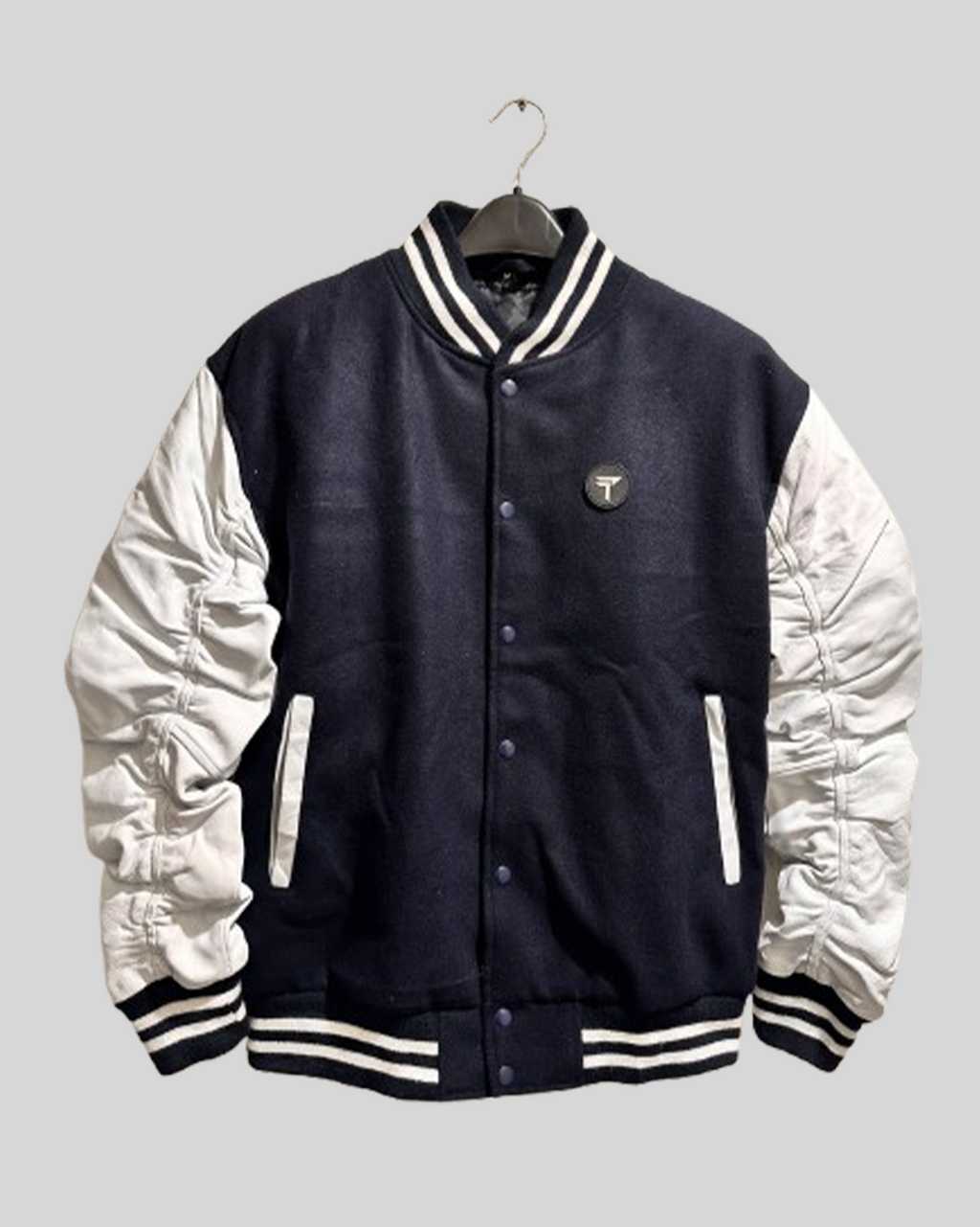 Black Varsity Jacket with White Leather Sleeves