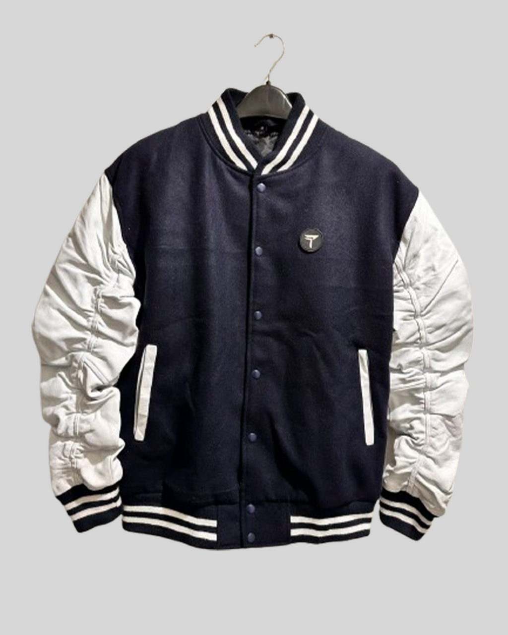 Black Varsity Jacket with White Leather Sleeves