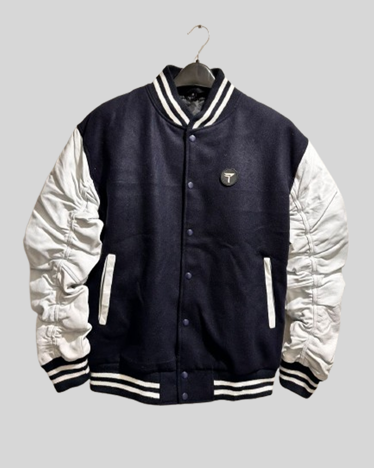 Black Varsity Jacket with White Leather Sleeves