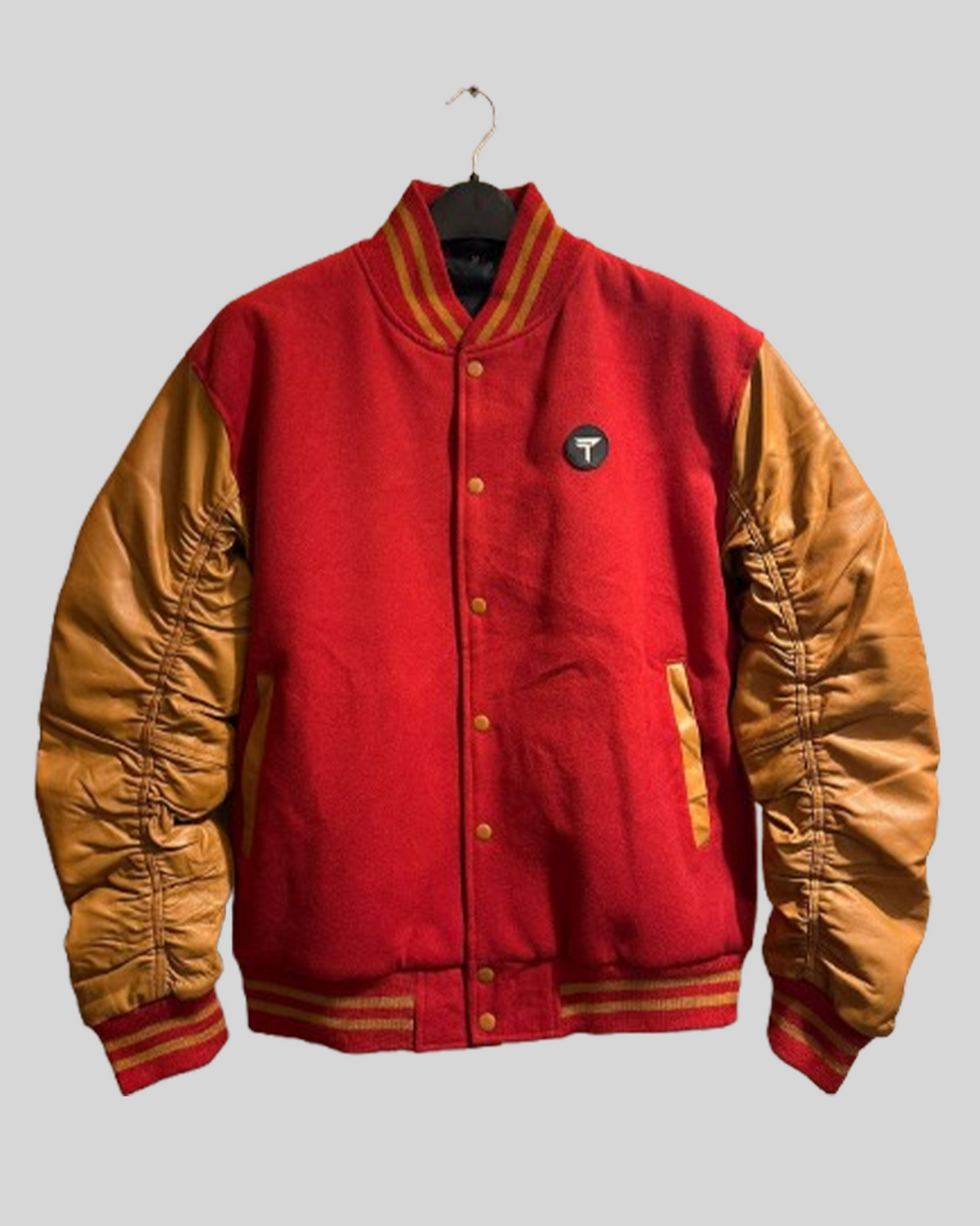 Red & Tan Vintage Varsity Jacket with Leather Sleeves