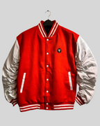 Red Varsity Jacket with Ruched White Leather Sleeves