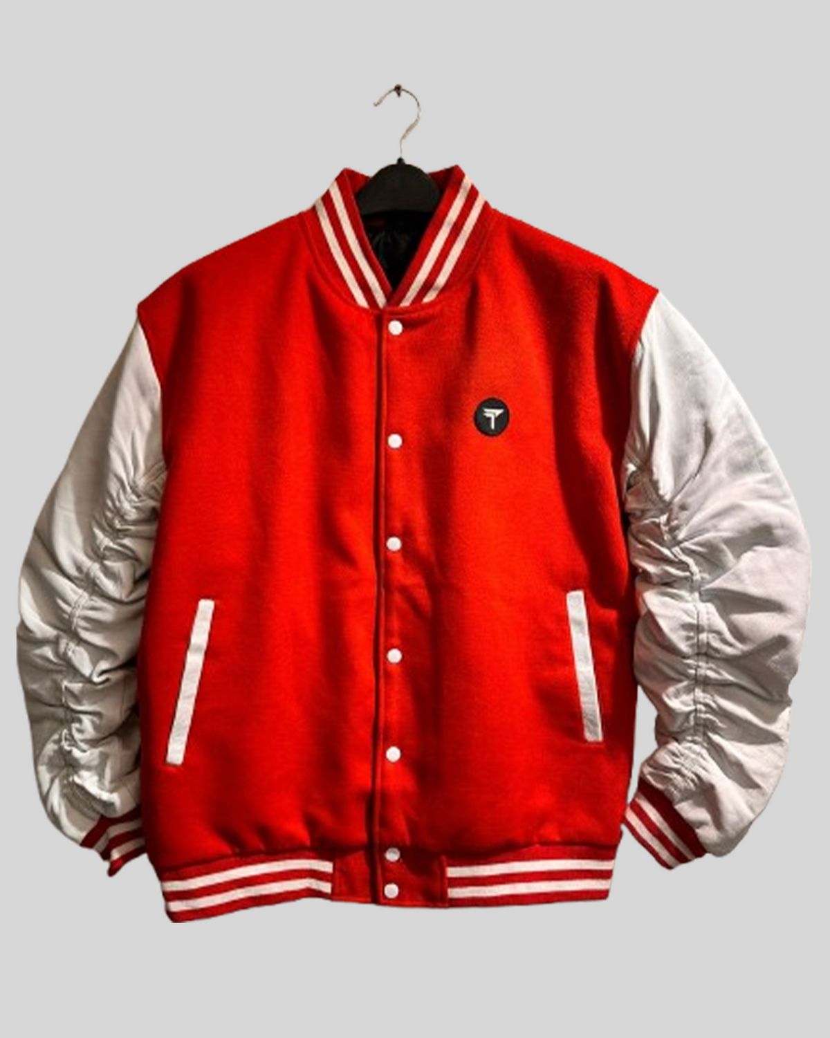 Red Varsity Jacket with Ruched White Leather Sleeves