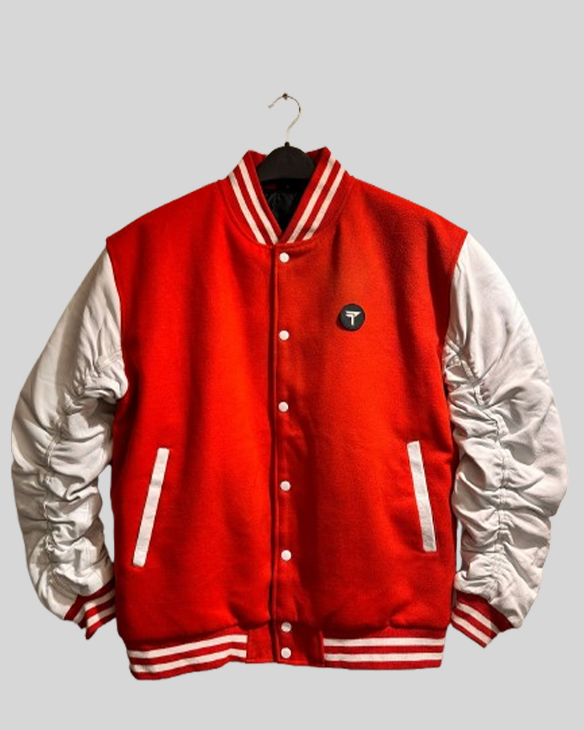 Red Varsity Jacket with Ruched White Leather Sleeves