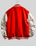 Red Varsity Jacket with Ruched White Leather Sleeves