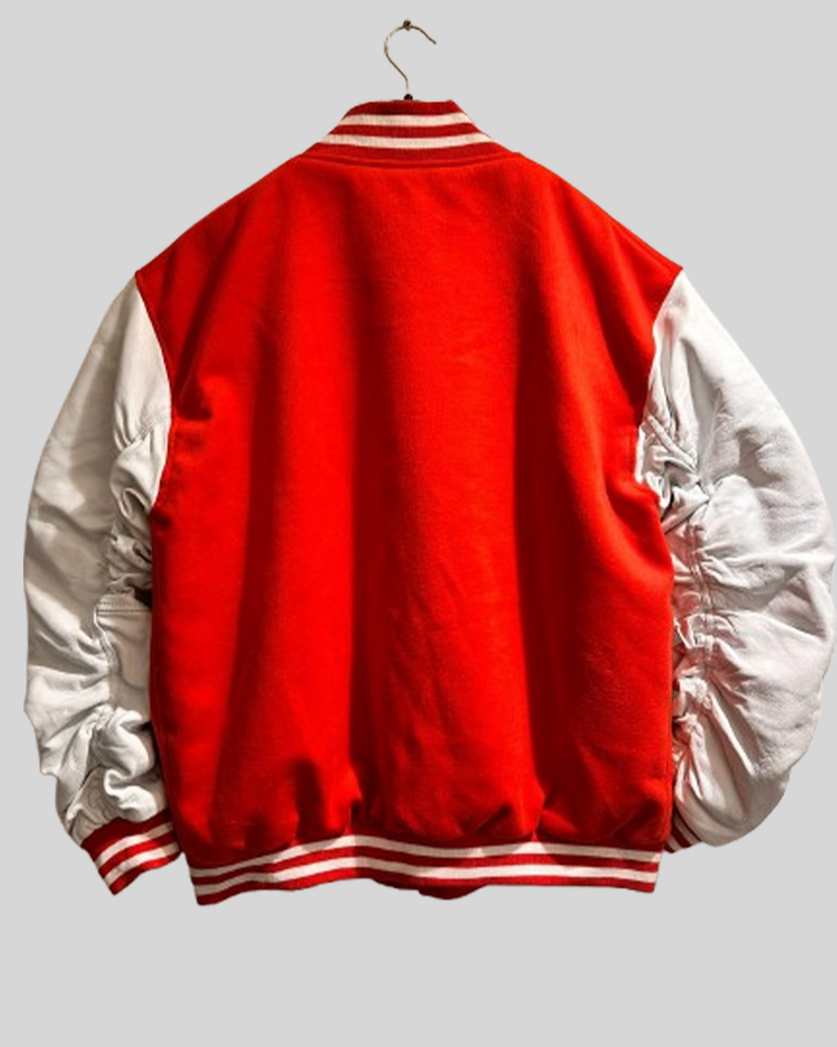 Red Varsity Jacket with Ruched White Leather Sleeves