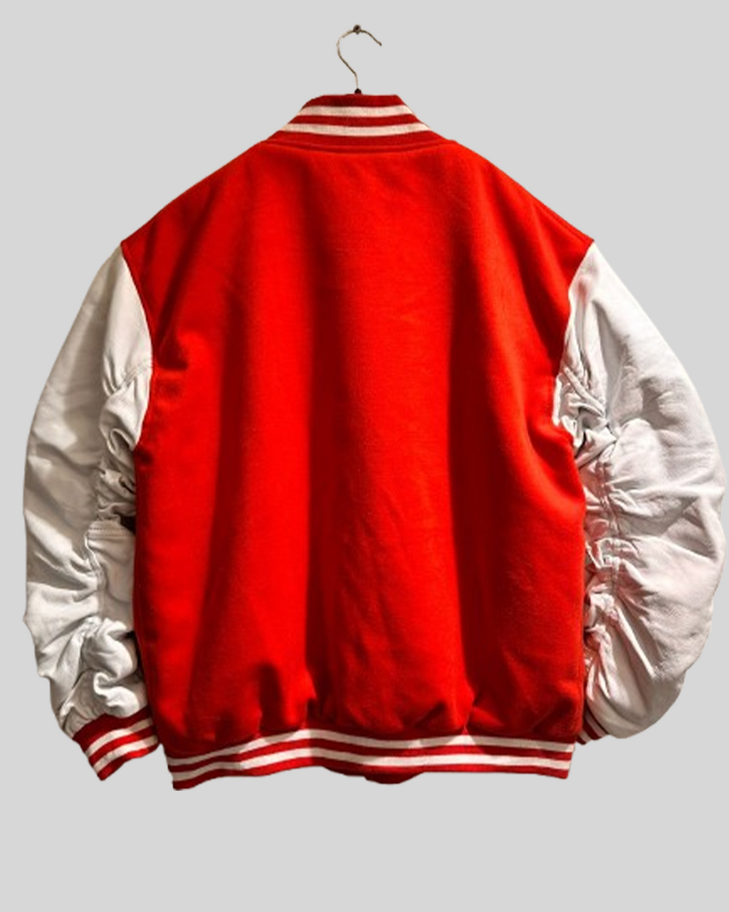 Red Varsity Jacket with Ruched White Leather Sleeves