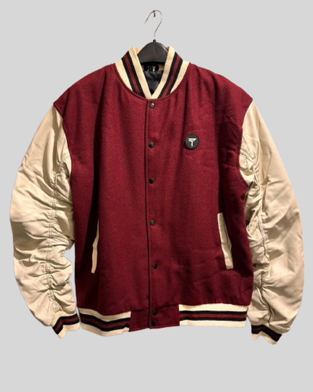 Premium Maroon Varsity Jacket with Ruched Cream Sleeves
