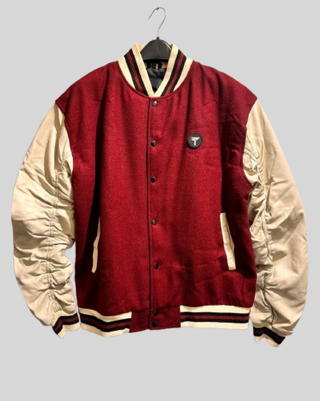 Premium Maroon Varsity Jacket with Ruched Cream Sleeves