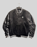 Black Varsity Jacket with Ruched Black Leather Look Sleeves
