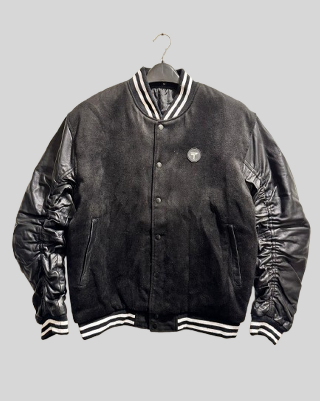 Black Varsity Jacket with Ruched Black Leather Look Sleeves