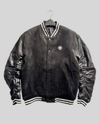 Black Varsity Jacket with Ruched Black Leather Look Sleeves