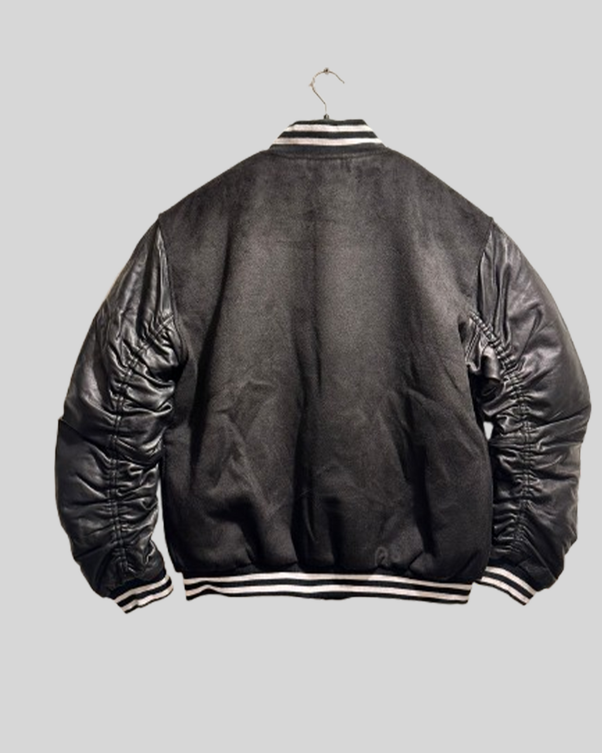 Black Varsity Jacket with Ruched Black Leather Look Sleeves
