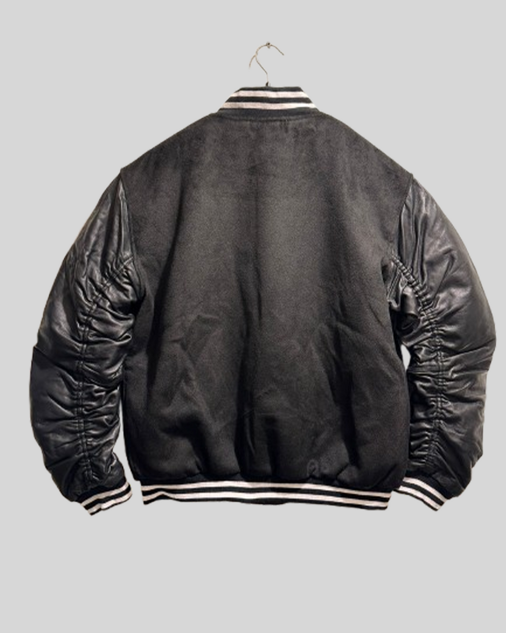 Black Varsity Jacket with Ruched Black Leather Look Sleeves