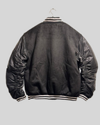 Black Varsity Jacket with Ruched Black Leather Look Sleeves