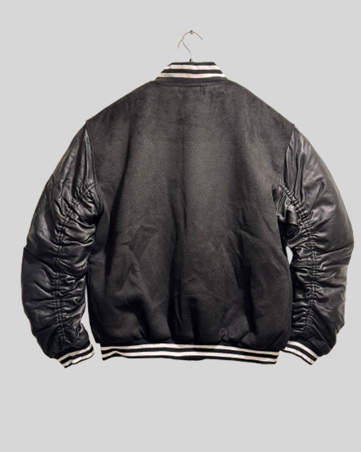 Black Varsity Jacket with Ruched Black Leather Look Sleeves