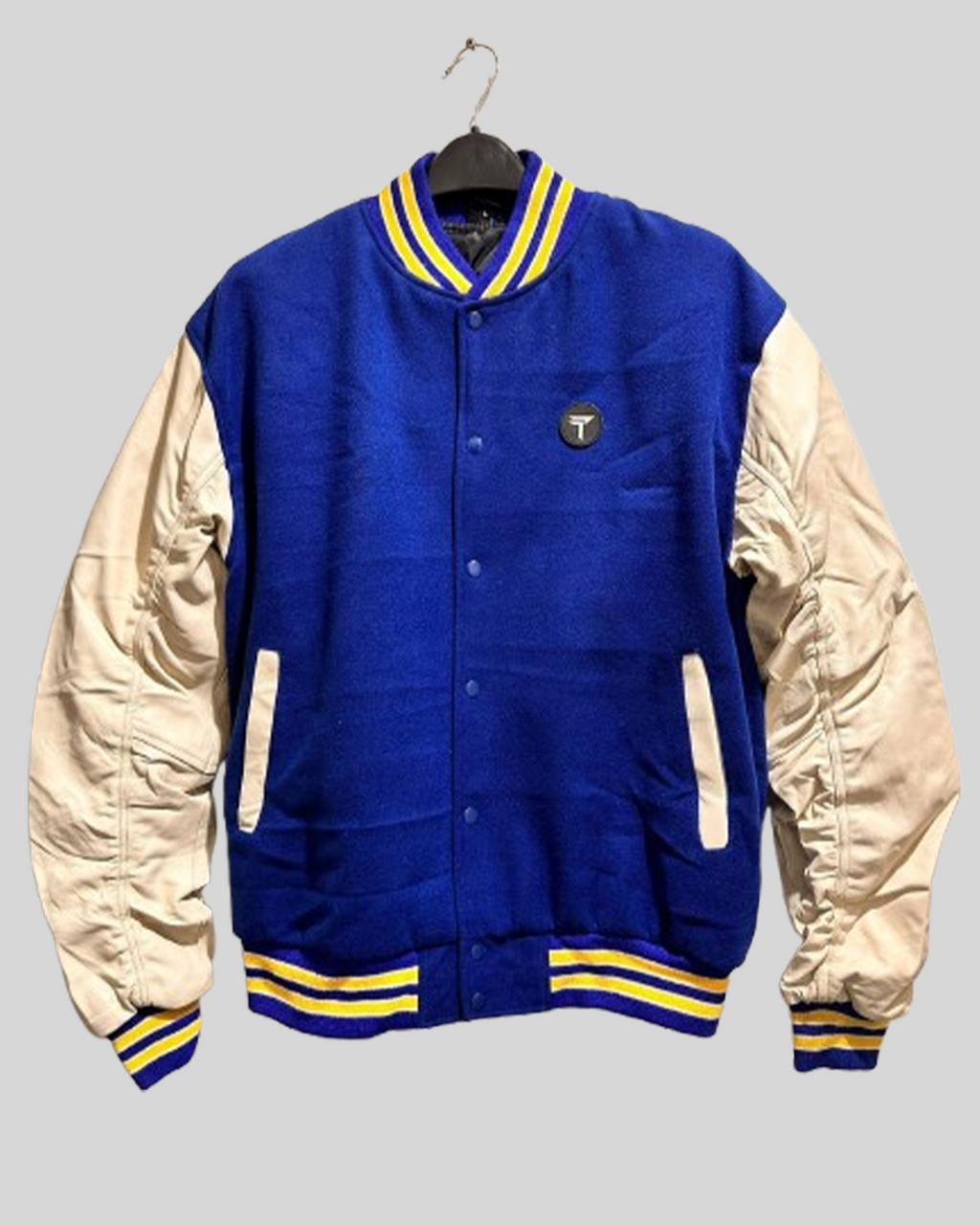 Royal Blue Varsity Jacket with Cream Leather Sleeves