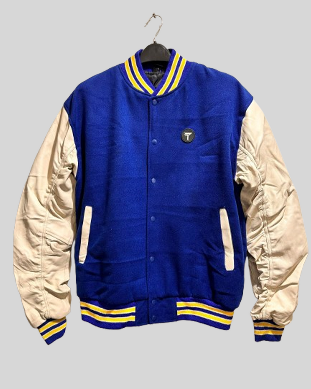 Royal Blue Varsity Jacket with Cream Leather Sleeves