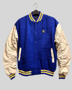 Royal Blue Varsity Jacket with Cream Leather Sleeves