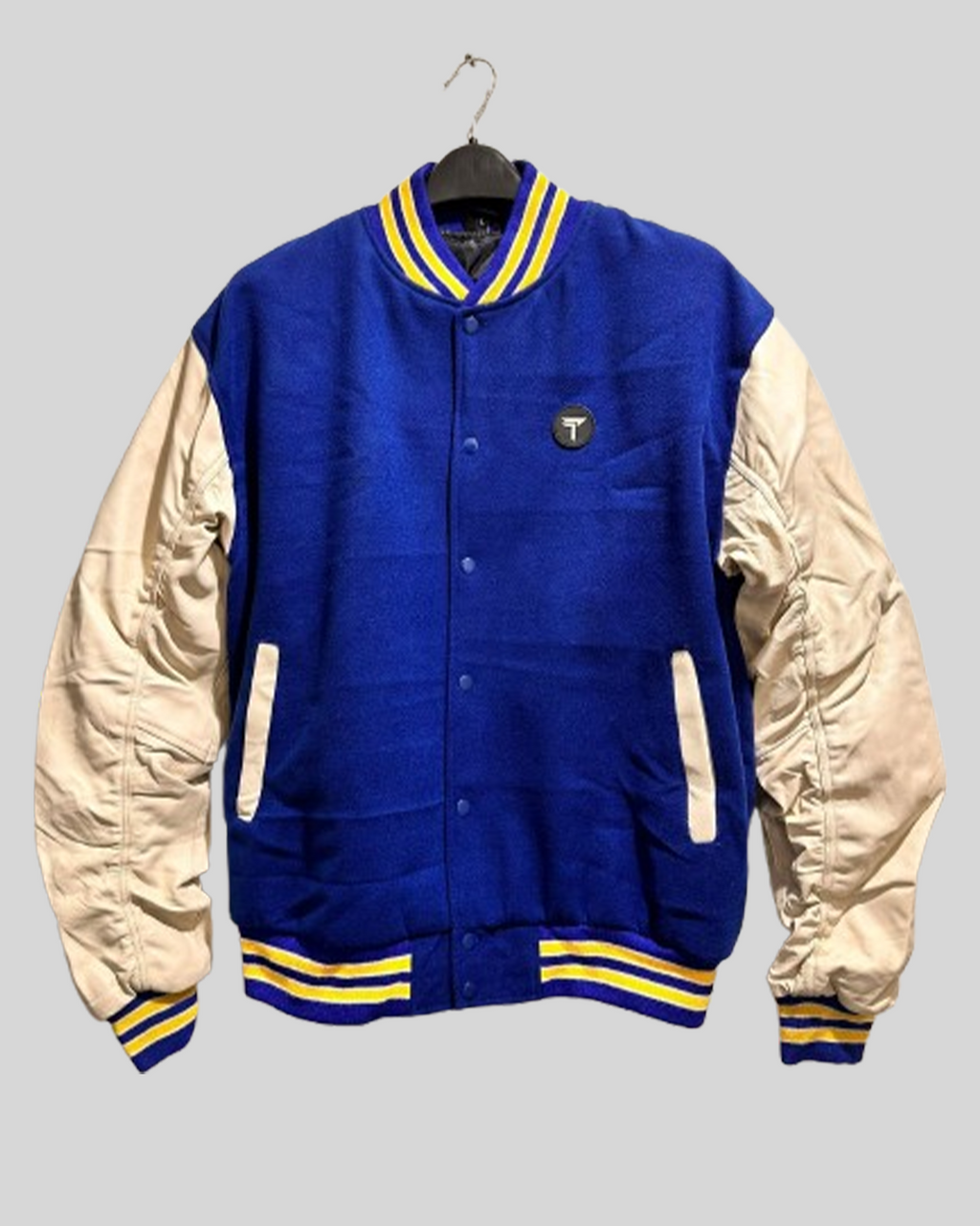 Royal Blue Varsity Jacket with Cream Leather Sleeves